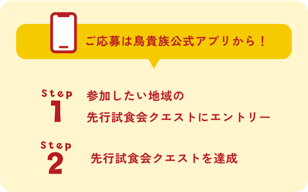 ご応募は鳥貴族公式アプリから！ Step1 参加したい地域の先行試食会クエストにエントリー Step2 先行試食会クエストを達成 